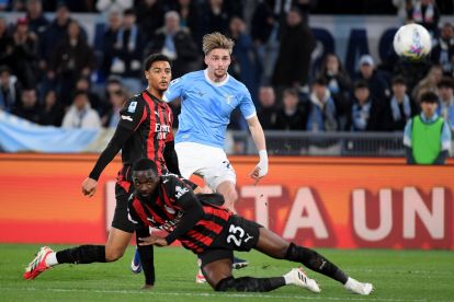 ROME, ITALY - MARCH 15: Kenneth Taylor of SS Lazio kicks the ball during the Serie A match between SS Lazio and AC Milan at Stadio Olimpico on March 15, 2026 in Rome, Italy. (Photo by Marco Rosi - SS Lazio/Getty Images)