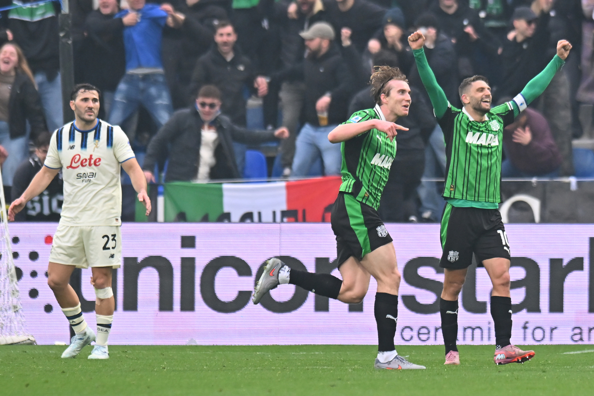 SASSUOLO, ITALY - MARCH 01: Kristian Thorstvedt of US Sassuolo celebrates after scoring his team's second goal during the Serie A match between US Sassuolo Calcio and Atalanta BC at Mapei Stadium Citta del Tricolore on March 01, 2026 in Sassuolo, Italy. (Photo by Alessandro Sabattini/Getty Images)
