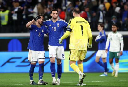 BERGAMO, ITALY - MARCH 26: Manuel Locatelli, Federico Gatti and Gianluigi Donnarumma of Italy interact after the FIFA World Cup 2026 European Qualifiers KO play-offs match between Italy and Northern Ireland at Stadio di Bergamo on March 26, 2026 in Bergamo, Italy. (Photo by Marco Luzzani/Getty Images)