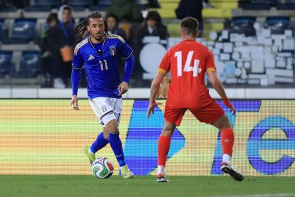EMPOLI, ITALY - MARCH 26: Luca Koleosho of Italy U21 in action during the UEFA Under 21 EURO Qualifier match between Italy U21 and North Macedonia U21 at Stadio Carlo Castellani on March 26, 2026 in Empoli, Italy. (Photo by Gabriele Maltinti/Getty Images)