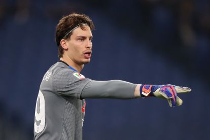 ROME, ITALY - MARCH 04: Marco Carnesecchi of Atalanta reacts during the Coppa Italia match between SS Lazio and Atalanta BC at Olimpico Stadium on March 04, 2026 in Rome, Italy. (Photo by Paolo Bruno/Getty Images)
