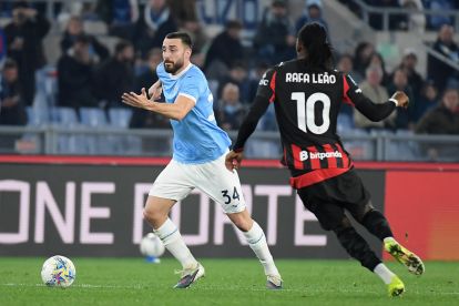 ROME, ITALY - MARCH 15: Mario Gila of SS Lazio compete for the ball with Rafael Leao of AC Milan during the Serie A match between SS Lazio and AC Milan at Stadio Olimpico on March 15, 2026 in Rome, Italy. (Photo by Marco Rosi - SS Lazio/Getty Images)