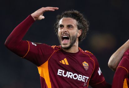 ROME, ITALY - MARCH 19: Mario Hermoso of AS Roma celebrates his side's first goal scored by Evan Ndicka of AS Roma (not pictured) during the UEFA Europa League 2025/26 Round of 16 Second Leg match between AS Roma and Bologna FC 1909 at Stadio Olimpico on March 19, 2026 in Rome, Italy. (Photo by Paolo Bruno/Getty Images)