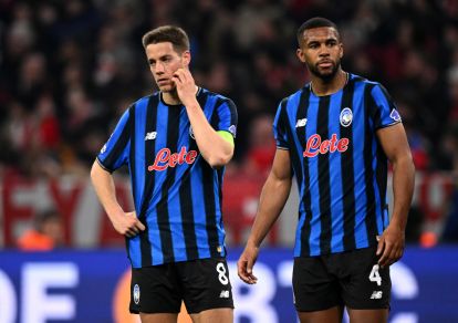 MUNICH, GERMANY - MARCH 18: Mario Pasalic and Isak Hien of Atalanta react during the UEFA Champions League 2025/26 Round of 16 Second Leg match between FC Bayern München and Atalanta BC at Football Arena Munich on March 18, 2026 in Munich, Germany. (Photo by Stuart Franklin/Getty Images)