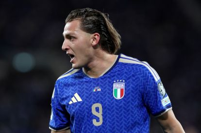 BERGAMO, ITALY - MARCH 26: Mateo Retegui of Italy reacts during the FIFA World Cup 2026 European Qualifiers KO play-offs match between Italy and Northern Ireland at Stadio di Bergamo on March 26, 2026 in Bergamo, Italy. (Photo by Marco Luzzani/Getty Images)