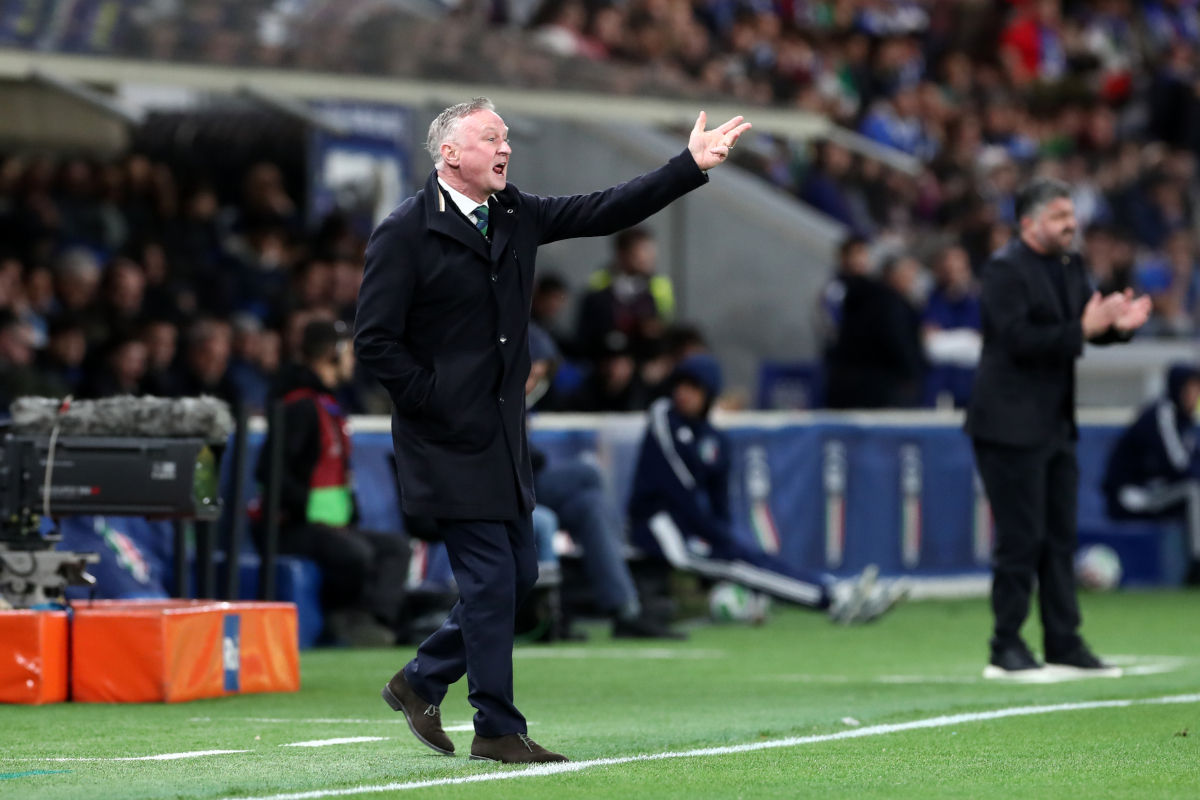 BERGAMO, ITALY - MARCH 26: Michael O'Neill, Head Coach of Northern Ireland, reacts during the FIFA World Cup 2026 European Qualifiers KO play-offs match between Italy and Northern Ireland at Stadio di Bergamo on March 26, 2026 in Bergamo, Italy. (Photo by Marco Luzzani/Getty Images)