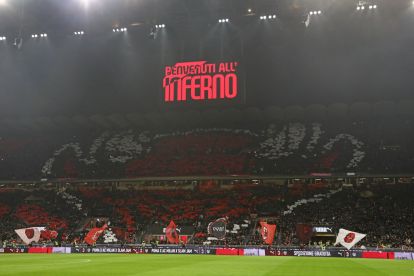 MILAN, ITALY - MARCH 08: The AC Milan fans show their suppor during the Serie A match between AC Milan and Inter at Giuseppe Meazza Stadium on March 08, 2026 in Milan, Italy. (Photo by Marco Luzzani/Getty Images)