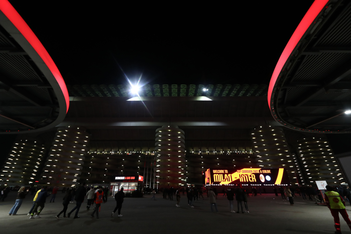 MILAN, ITALY - MARCH 08: A general view of the Giuseppe Meazza Stadium San Siro ahead of the Serie A match between AC Milan and Inter at Giuseppe Meazza Stadium on March 08, 2026 in Milan, Italy. (Photo by Marco Luzzani/Getty Images)