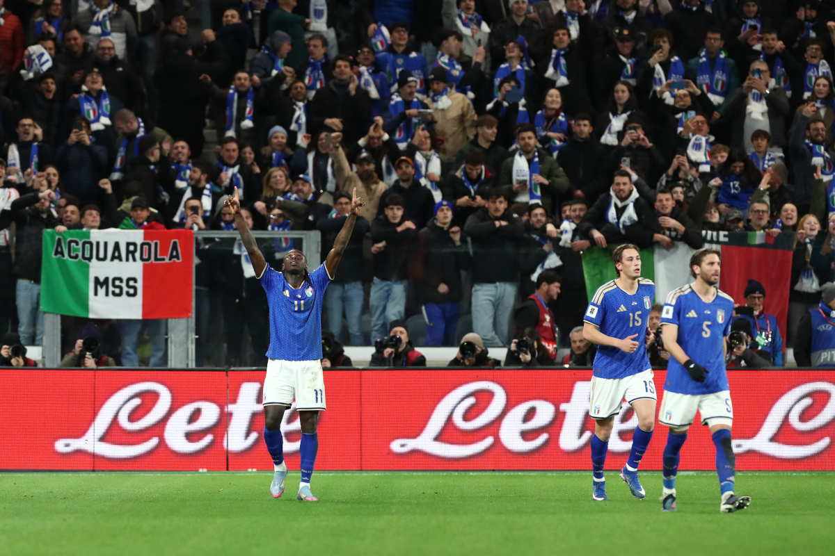 BERGAMO, ITALY - MARCH 26: Moise Kean of Italy celebrates scoring his team's second goal during the FIFA World Cup 2026 European Qualifiers KO play-offs match between Italy and Northern Ireland at Stadio di Bergamo on March 26, 2026 in Bergamo, Italy. (Photo by Marco Luzzani/Getty Images)