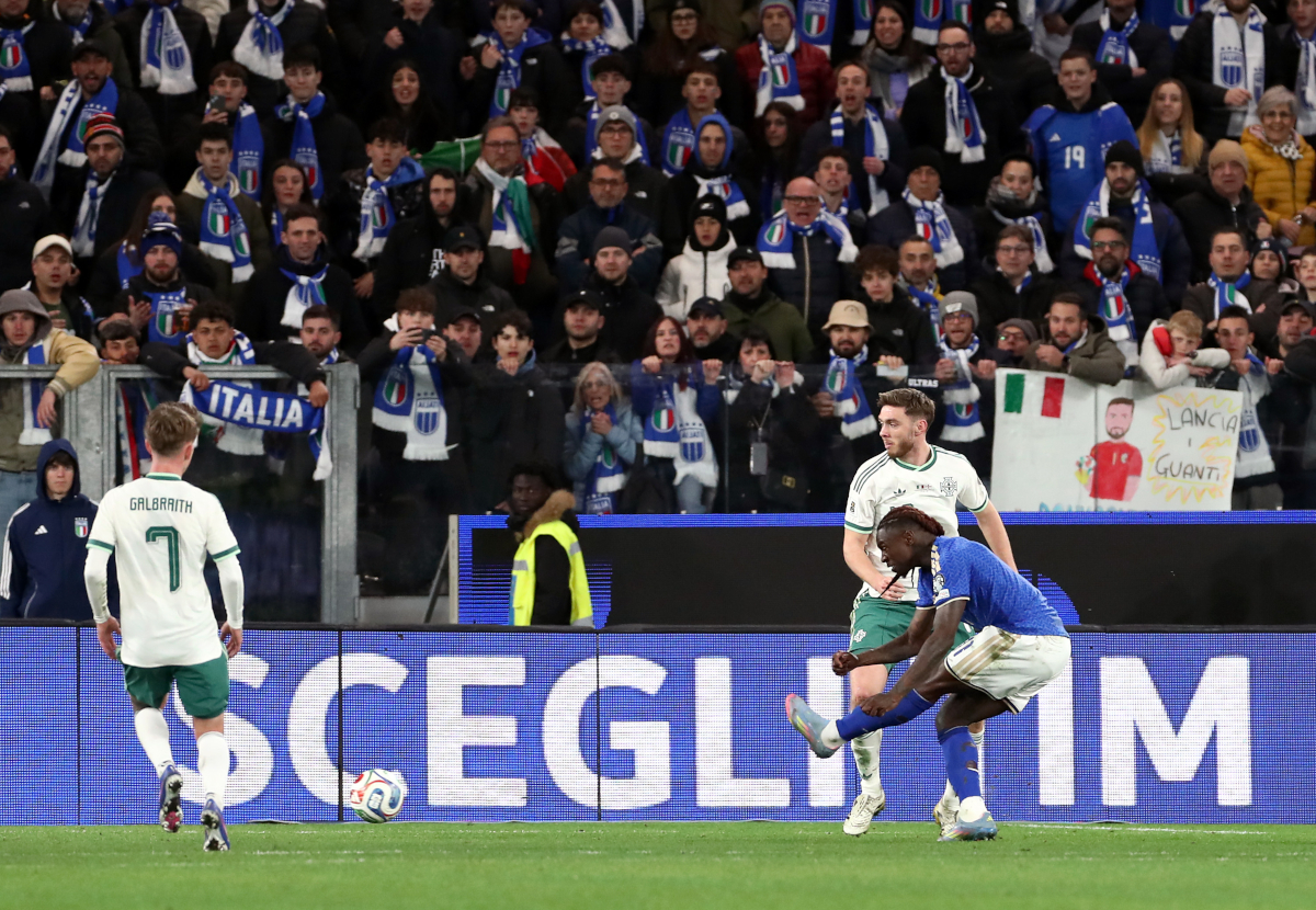 BERGAMO, ITALY - MARCH 26: Moise Kean of Italy scores his team's second goal during the FIFA World Cup 2026 European Qualifiers KO play-offs match between Italy and Northern Ireland at Stadio di Bergamo on March 26, 2026 in Bergamo, Italy. (Photo by Marco Luzzani/Getty Images)