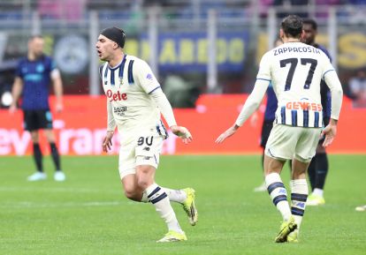 MILAN, ITALY - MARCH 14: Nikola Krstovic of Atalanta celebrates scoring his team's first goal during the Serie A match between Inter and Atalanta BC at Giuseppe Meazza Stadium on March 14, 2026 in Milan, Italy. (Photo by Marco Luzzani/Getty Images)