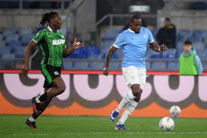 ROME, ITALY - MARCH 09: Nuno Tavares of SS Lazio competes for the ball with Woyo Coulibaly of US Sassuolo during the Serie A match between SS Lazio and US Sassuolo Calcio at Stadio Olimpico on March 09, 2026 in Rome, Italy. (Photo by Marco Rosi - SS Lazio/Getty Images)