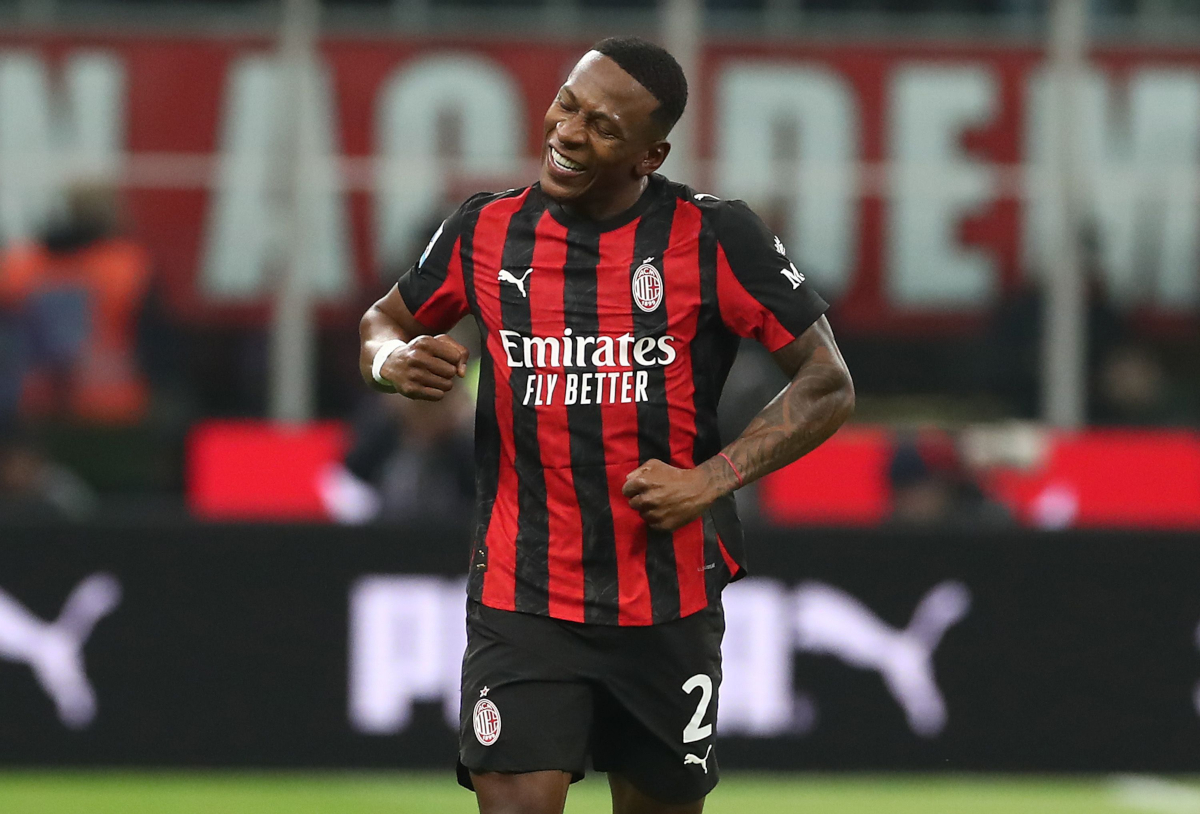 MILAN, ITALY - MARCH 08: Pervis Estupinan of AC Milan celebrates after scoring their team's team's first goal during the Serie A match between AC Milan and Inter at Giuseppe Meazza Stadium on March 08, 2026 in Milan, Italy. (Photo by Marco Luzzani/Getty Images)