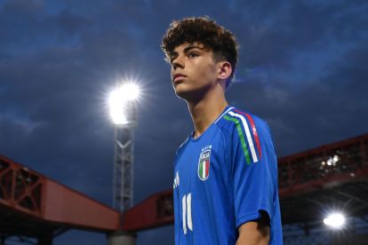TRIESTE, ITALY - SEPTEMBER 06: Samuele Inacio of Italy U17  looks on during the International Friendly match between Italy U17 and Switzerland U17 at Stadio Nereo Rocco on September 06, 2024 in Trieste, Italy.  (Photo by Alessandro Sabattini/Getty Images)