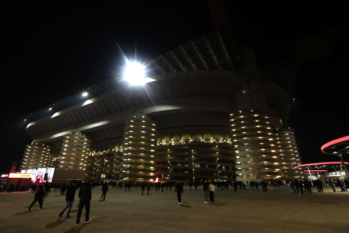 MILAN, ITALY - MARCH 08: A general view of the Giuseppe Meazza Stadium San Siro ahead of the Serie A match between AC Milan and Inter at Giuseppe Meazza Stadium on March 08, 2026 in Milan, Italy. (Photo by Marco Luzzani/Getty Images)