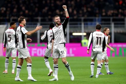 MILAN, ITALY - MARCH 21: Strahinja Pavlovic of AC Milan celebrates scoring his team's first goal during the Serie A match between AC Milan and Torino FC at Giuseppe Meazza Stadium on March 21, 2026 in Milan, Italy. (Photo by Marco Luzzani/Getty Images)