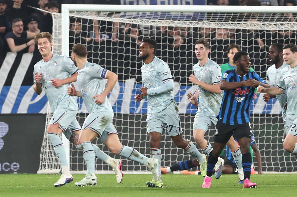 BERGAMO, ITALY - MARCH 07: Thomas Kristensen of Udinese Calcio celebrates after scoring their team's first goalduring the Serie A match between Atalanta BC and Udinese Calcio at New Balance Arena on March 07, 2026 in Bergamo, Italy. (Photo by Marco Luzzani/Getty Images)