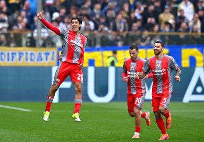 PARMA, ITALY - MARCH 21: Youssef Maleh of Cremonese celebrates scoring his team's first goal during the Serie A match between Parma Calcio 1913 and US Cremonese at Stadio Ennio Tardini on March 21, 2026 in Parma, Italy. (Photo by Alessandro Sabattini/Getty Images)