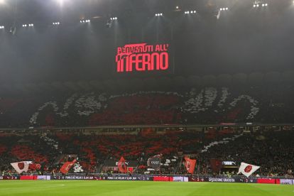 MILAN, ITALY - MARCH 08: The AC Milan fans show their support during the Serie A match between AC Milan and FC Internazionale at Giuseppe Meazza Stadium on March 08, 2026 in Milan, Italy. (Photo by Marco Luzzani/Getty Images)