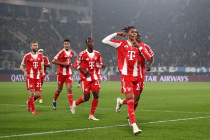 BERGAMO, ITALY - MARCH 10: Michael Olise of FC Bayern Munich celebrates scoring his team's second goal during the UEFA Champions League 2025/26 Round of 16 First Leg match between Atalanta BC and FC Bayern München at Stadio di Bergamo on March 10, 2026 in Bergamo, Italy. (Photo by Marco Luzzani/Getty Images)