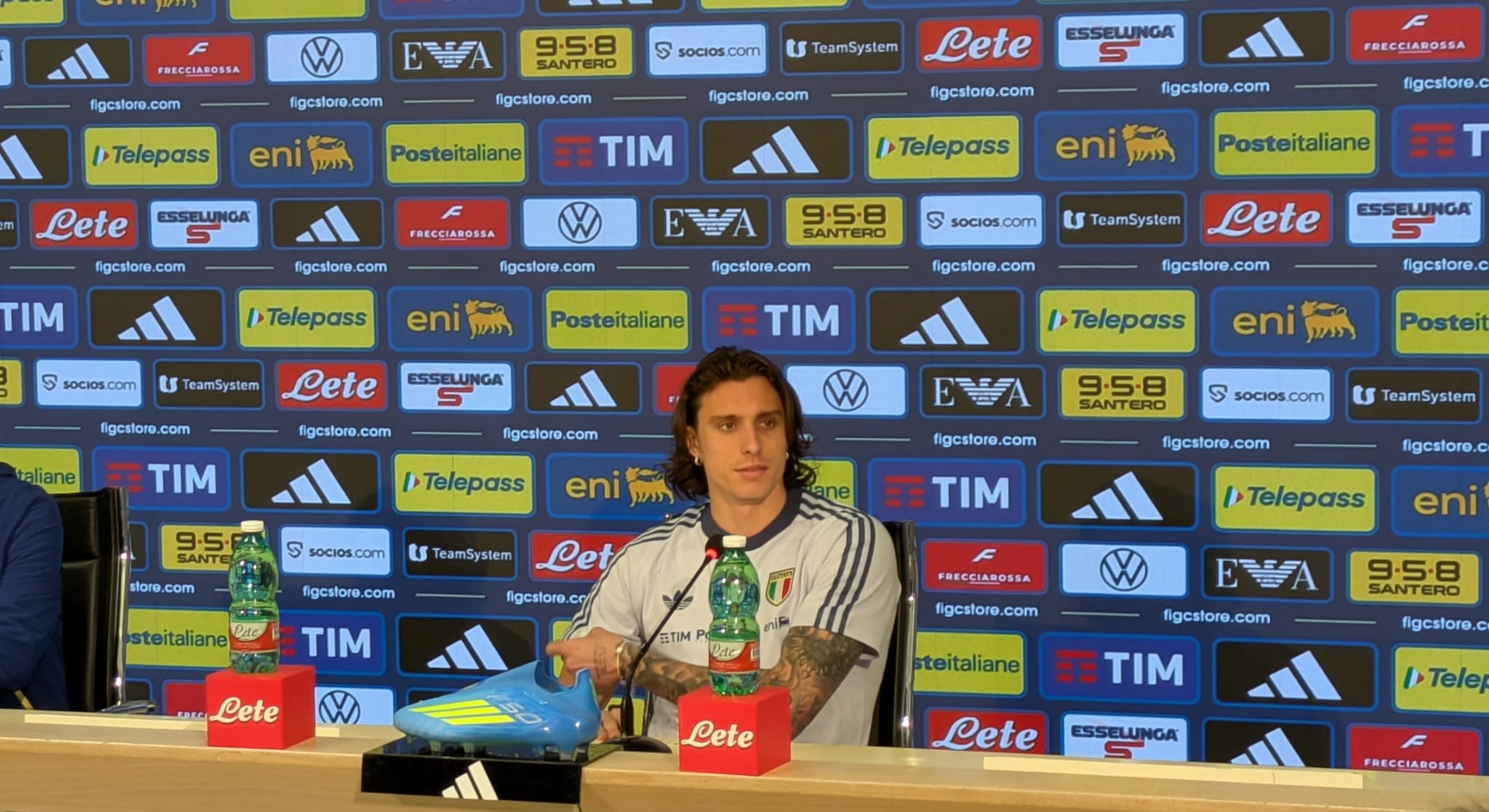 Riccardo Calafiori during an Italy press conference at Coverciano on March 24, 2026.
