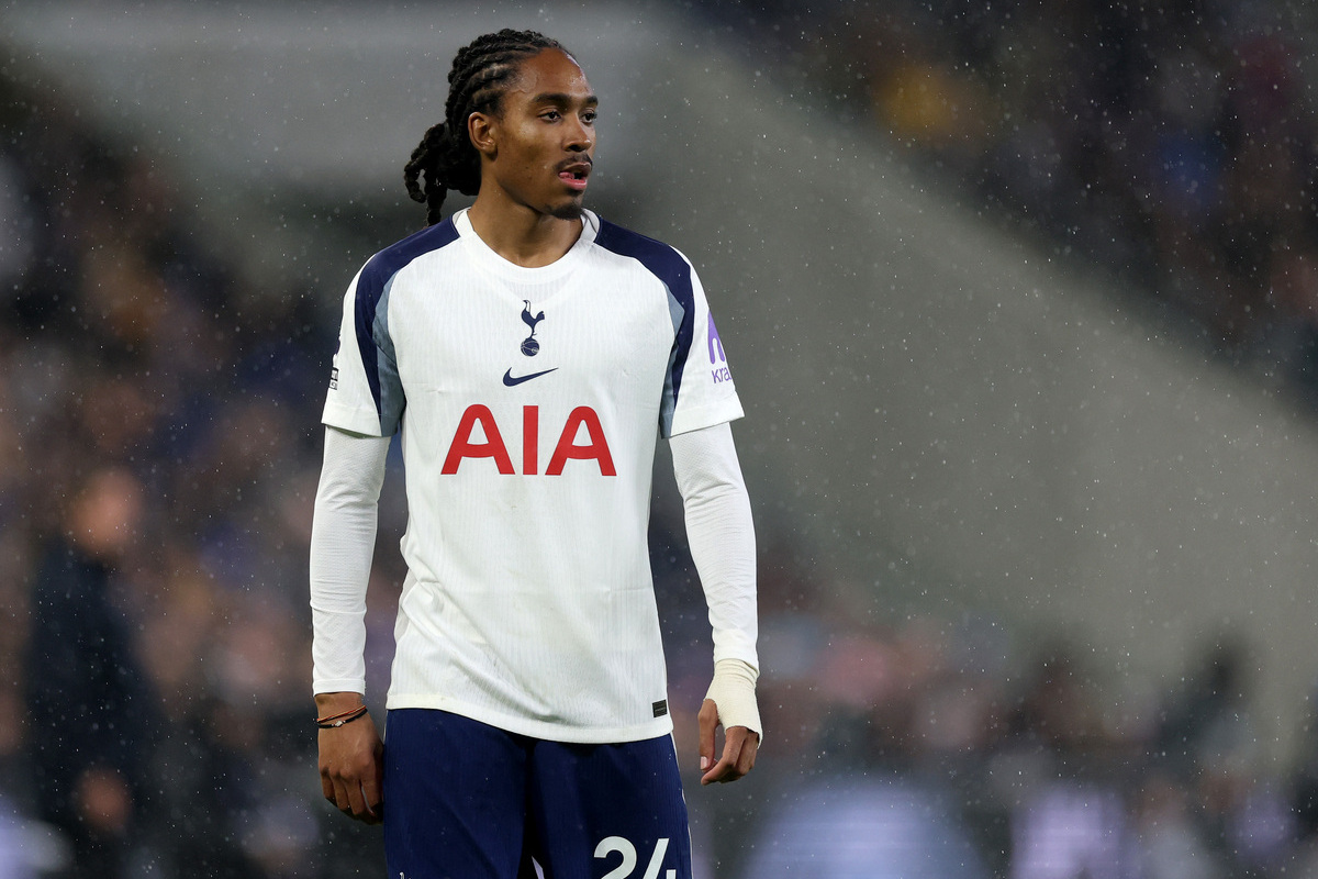 LIVERPOOL, ENGLAND - OCTOBER 26:  Djed Spence of Tottenham Hotspur during the Premier League match between Everton and Tottenham Hotspur at Hill Dickinson Stadium on October 26, 2025 in Liverpool, England. (Photo by Carl Recine/Getty Images)