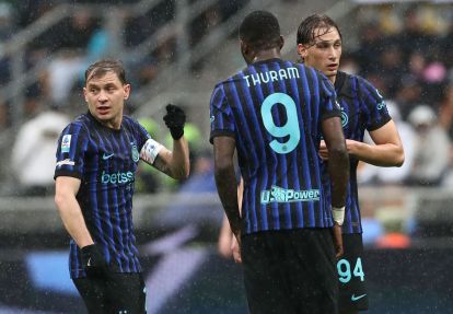 MILAN, ITALY - MARCH 14: Marcus Thuram, Nicolo’ Barella and Francesco Pio Esposito of FC Internazionale interact during the Serie A match between FC Internazionale and Atalanta BC at Giuseppe Meazza Stadium on March 14, 2026 in Milan, Italy. (Photo by Marco Luzzani/Getty Images)