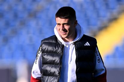 BRAUNSCHWEIG, GERMANY - MARCH 27: Nicolo Tresoldi of Germany (eligible for Italy and Argentina) inspects the pitch prior to the UEFA Under21 EURO Qualifier between Germany U21 and Northern Ireland U21 at Eintracht Stadion on March 27, 2026 in Braunschweig, Germany. (Photo by Stuart Franklin/Getty Images)