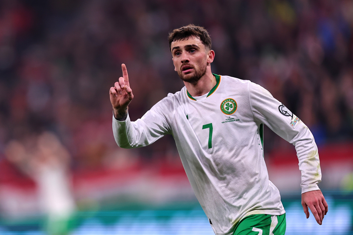 BUDAPEST, HUNGARY - NOVEMBER 16: Troy Parrott of Republic of Ireland celebrates scoring his team's second goal during the FIFA World Cup 2026 qualifier match between Hungary and Republic of Ireland at on November 16, 2025 in Budapest, Hungary. (Photo by David Balogh/Getty Images) (Milan links)