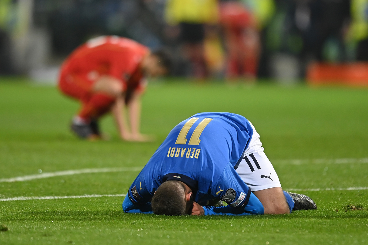 PALERMO, ITALY - MARCH 24: Domenico Berardi of Italy looks dejected during the 2022 FIFA World Cup Qualifier knockout round play-off match between Italy and North Macedonia at Renzo Barbera Stadium in Palermo, Italy.