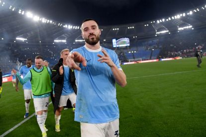 ROME, ITALY - MARCH 15: Mario Gila SS Lazio celebrates a victory after the Serie A match between SS Lazio and AC Milan at Stadio Olimpico on March 15, 2026 in Rome, Italy. (Photo by Marco Rosi - SS Lazio/Getty Images)