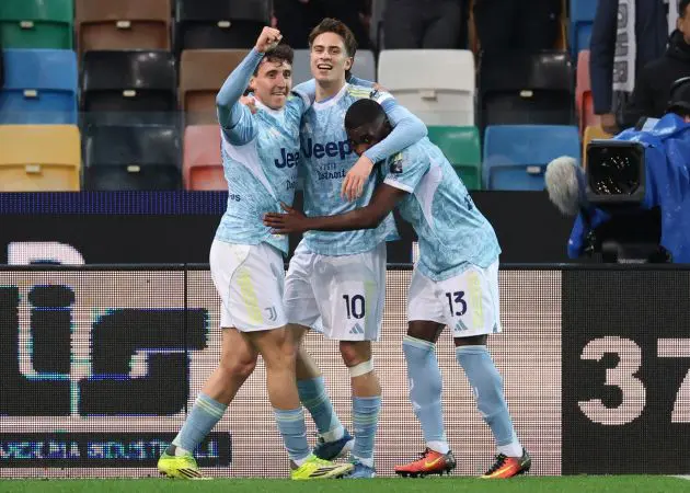 UDINE, ITALY - MARCH 14: Jeremie Boga of Juventus celebrates scoring his team's first goal with teammates Andrea Cambiaso and Kenan Yildiz during the Serie A match between Udinese Calcio and Juventus FC at Stadio Friuli on March 14, 2026 in Udine, Italy. (Photo by Timothy Rogers/Getty Images)