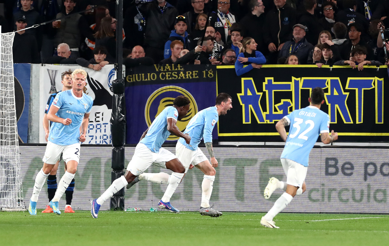 BERGAMO, ITALY - APRIL 22: Alessio Romagnoli of Lazio celebrates scoring his team's first goal with teammates during the Coppa Italia semifinal match between Atalanta BC and SS Lazio at New Balance Arena on April 22, 2026 in Bergamo, Italy. (Photo by Marco Luzzani/Getty Images)