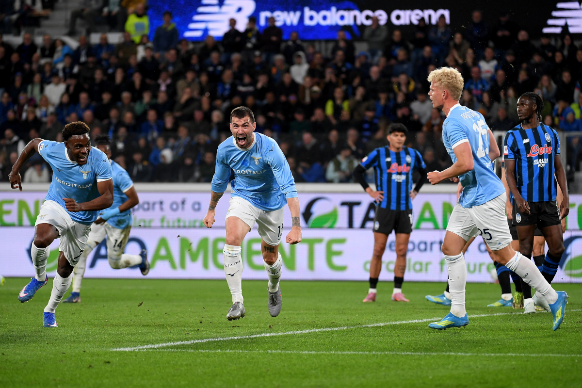 BERGAMO, ITALY - APRIL 22: Alessio Romagnoli of SS Lazio celebrates a opening goal during the Coppa Italia semi-final match between Atalanta BC and SS Lazio at New Balance Arena on April 22, 2026 in Bergamo, Italy. (Photo by Marco Rosi - SS Lazio/Getty Images)