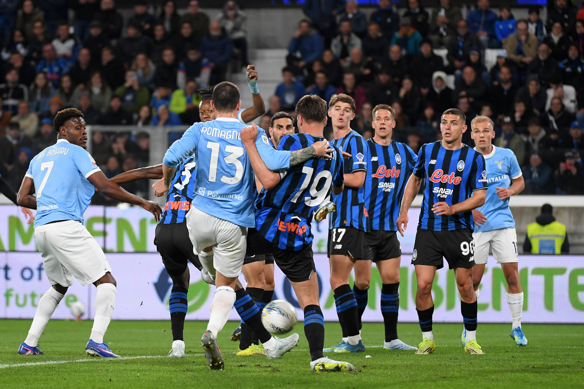 BERGAMO, ITALY - APRIL 22: Alessio Romagnoli of SS Lazio scores a opening goal during the Coppa Italia semi-final match between Atalanta BC and SS Lazio at New Balance Arena on April 22, 2026 in Bergamo, Italy. (Photo by Marco Rosi - SS Lazio/Getty Images)