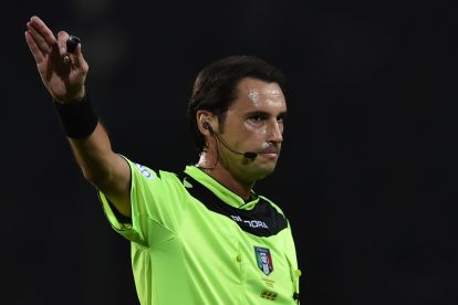 TURIN, ITALY - OCTOBER 17: Referee Andrea Gervasoni signals a foul during the Serie A match between Torino FC and AC Milan at Stadio Olimpico di Torino on October 17, 2015 in Turin, Italy. (Photo by Valerio Pennicino/Getty Images)