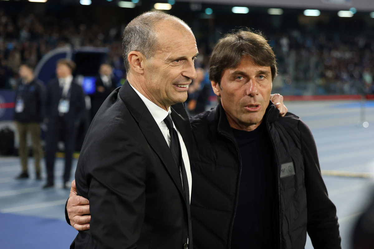 NAPLES, ITALY - APRIL 06: Massimiliano Allegri AC Milan greets Antonio Conte SSC Napoli head coach before the Serie A match between SSC Napoli and AC Milan at Stadio Diego Armando Maradona on April 06, 2026 in Naples, Italy. (Photo by Francesco Pecoraro/Getty Images)