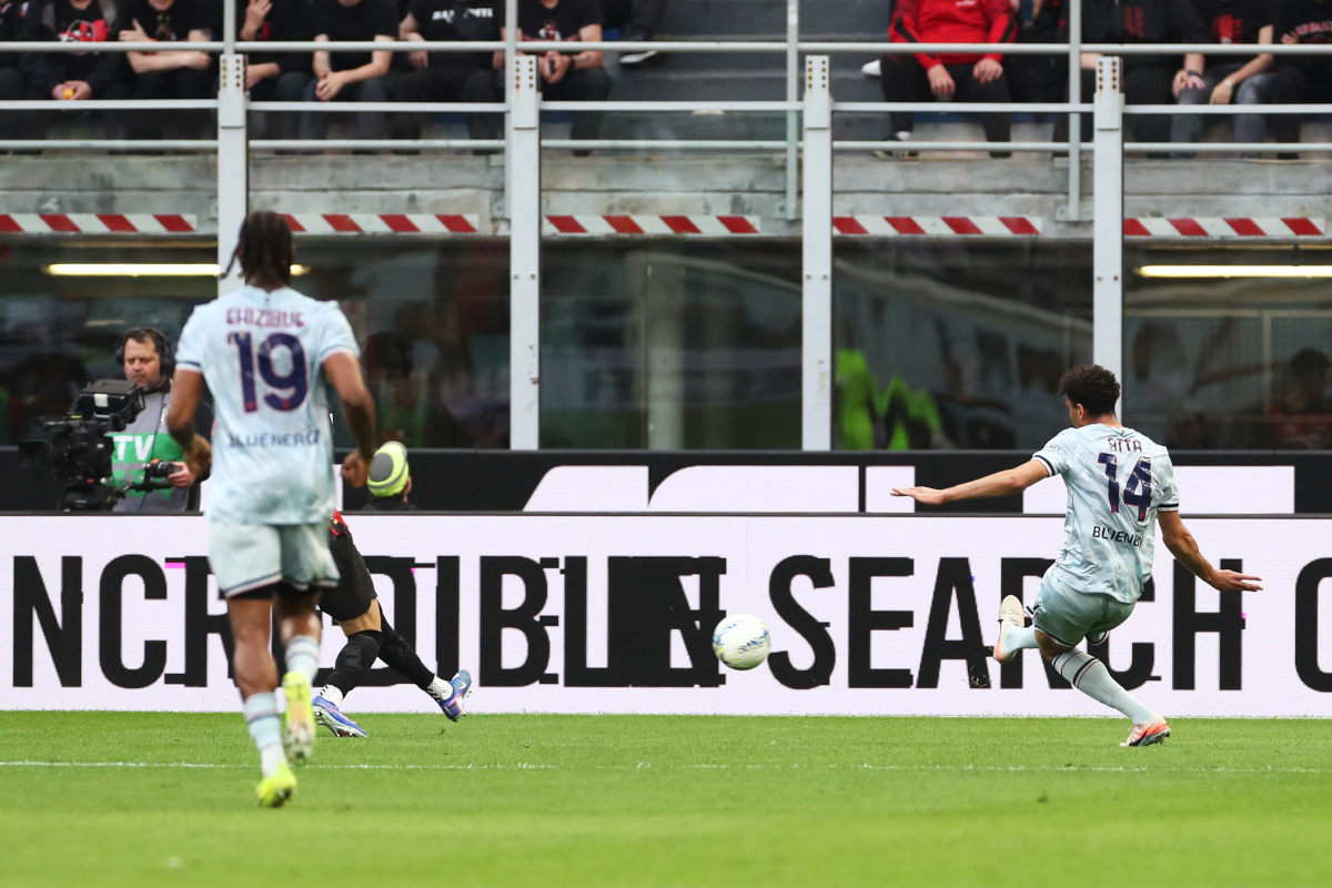 MILAN, ITALY - APRIL 11: Arthur Atta of Udinese Calcio scores his team's first goal during the Serie A match between AC Milan and Udinese Calcio at Giuseppe Meazza Stadium on April 11, 2026 in Milan, Italy. (Photo by Marco Luzzani/Getty Images)