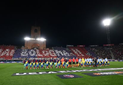 BOLOGNA, ITALY - APRIL 09: The teams line up prior to the UEFA Europa League 2025/26 Quarter-Final Leg One match between Bologna FC 1909 and Aston Villa FC at Stadio Renato Dall'Ara on April 09, 2026 in Bologna, Italy. (Photo by Alessandro Sabattini/Getty Images)