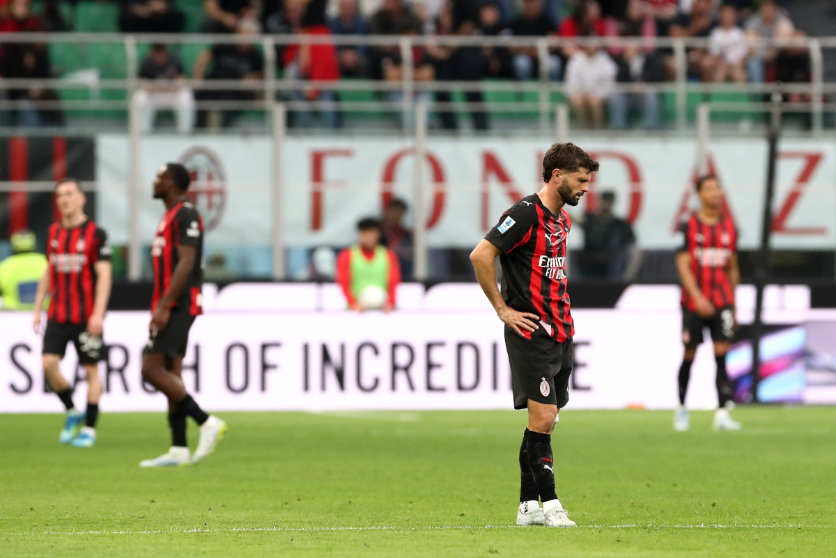 MILAN, ITALY - APRIL 11: Christian Pulisic of AC Milan reacts after seeing his team concede a third goal during the Serie A match between AC Milan and Udinese Calcio at Giuseppe Meazza Stadium on April 11, 2026 in Milan, Italy. (Photo by Marco Luzzani/Getty Images)