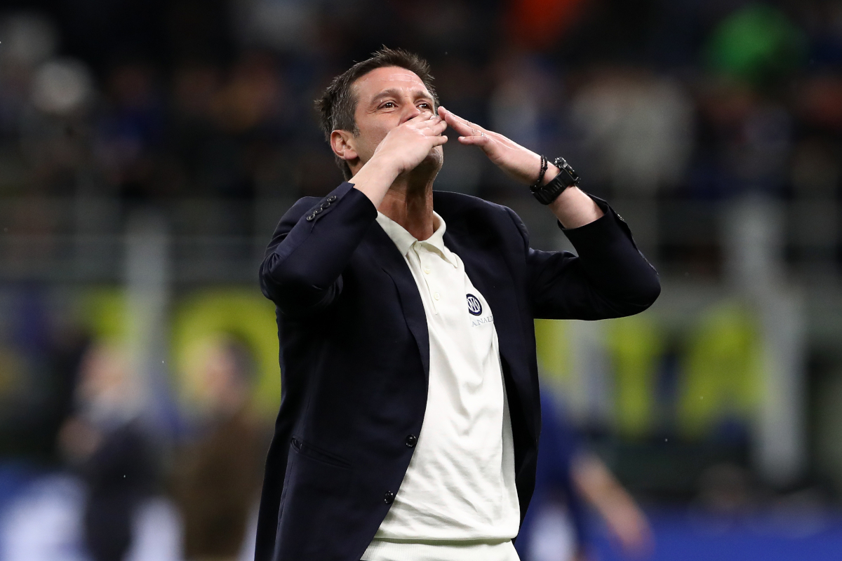 MILAN, ITALY - APRIL 21: Cristian Chivu, Head Coach of FC Internazionale Milano, celebrates after during the Coppa Italia Semi-Final match between FC Internazionale and Como at San Siro on April 21, 2026 in Milan, Italy. (Photo by Marco Luzzani/Getty Images)
