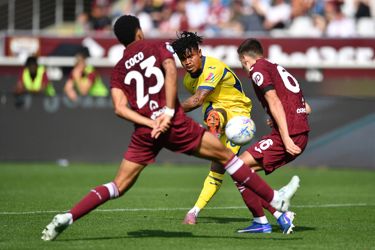 TURIN, ITALY - APRIL 11: Gift Orban of Hellas Verona FC in action during the Serie A match between Torino FC and Hellas Verona FC at Stadio Olimpico di Torino on April 11, 2026 in Turin, Italy. (Photo by Valerio Pennicino/Getty Images)