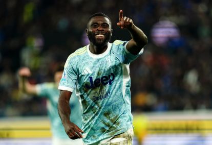 BERGAMO, ITALY - APRIL 11: Jeremie Boga of Juventus celebrates scoring his team's first goal during the Serie A match between Atalanta BC and Juventus at Gewiss Stadium on April 11, 2026 in Bergamo, Italy. (Photo by Pier Marco Tacca/Getty Images)