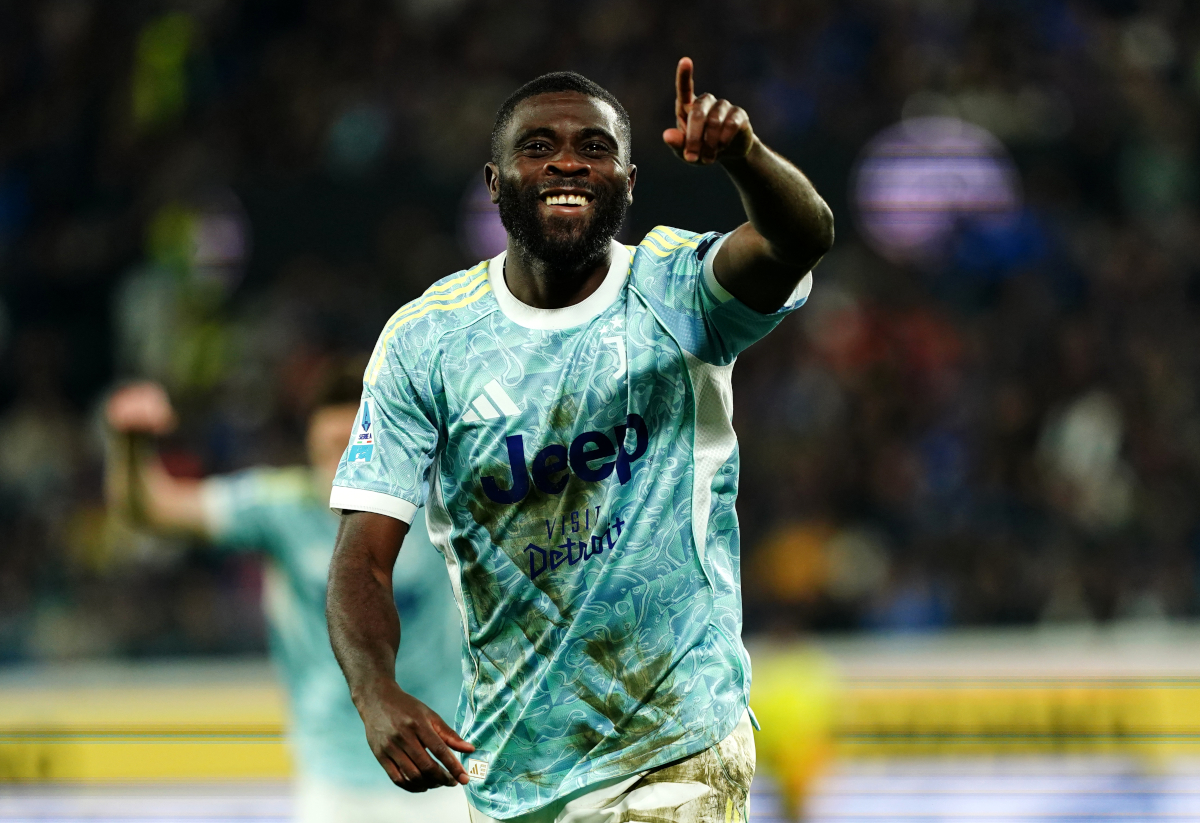 BERGAMO, ITALY - APRIL 11: Jeremie Boga of Juventus celebrates scoring his team's first goal during the Serie A match between Atalanta BC and Juventus at Gewiss Stadium on April 11, 2026 in Bergamo, Italy. (Photo by Pier Marco Tacca/Getty Images)