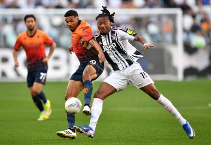 TURIN, ITALY - APRIL 06: Junior Messias of Genoa is challenged by Khephren Thuram of Juventus during the Serie A match between Juventus FC and Genoa CFC at Allianz Stadium on April 06, 2026 in Turin, Italy. (Photo by Valerio Pennicino/Getty Images)