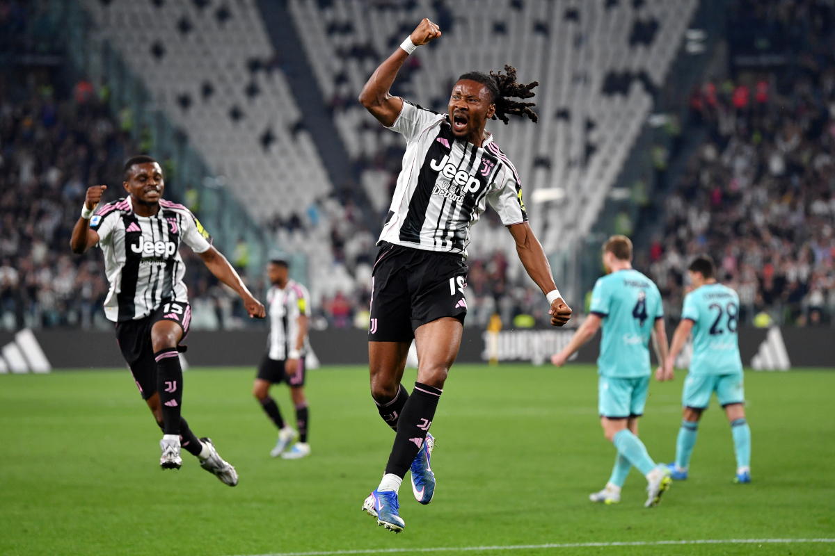 TURIN, ITALY - APRIL 19: Khephren Thuram of Juventus celebrates scoring his team's second goal during the Serie A match between Juventus FC and Bologna FC 1909 at Allianz Stadium on April 19, 2026 in Turin, Italy. (Photo by Valerio Pennicino/Getty Images)