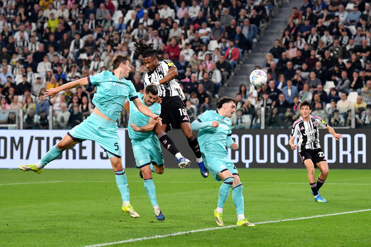 TURIN, ITALY - APRIL 19: Khephren Thuram of Juventus scores his team's second goal during the Serie A match between Juventus FC and Bologna FC 1909 at Allianz Stadium on April 19, 2026 in Turin, Italy. (Photo by Valerio Pennicino/Getty Images)