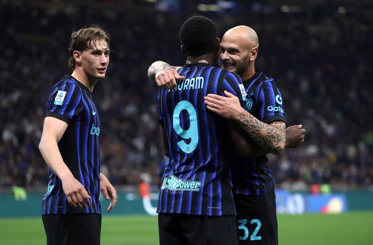 MILAN, ITALY - APRIL 17: Marcus Thuram of Inter celebrates scoring his team's first goal with teammate Federico Dimarco during the Serie A match between FC Internazionale and Cagliari Calcio at Giuseppe Meazza Stadium on April 17, 2026 in Milan, Italy. (Photo by Marco Luzzani/Getty Images)