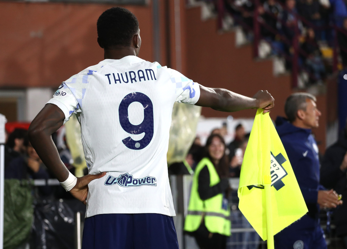 COMO, ITALY - APRIL 12: Marcus Thuram of FC Internazionale celebrates after scoring their team's second goal during the Serie A match between Como 1907 and FC Internazionale at Giuseppe Sinigaglia Stadium on April 12, 2026 in Como, Italy. (Photo by Marco Luzzani/Getty Images)