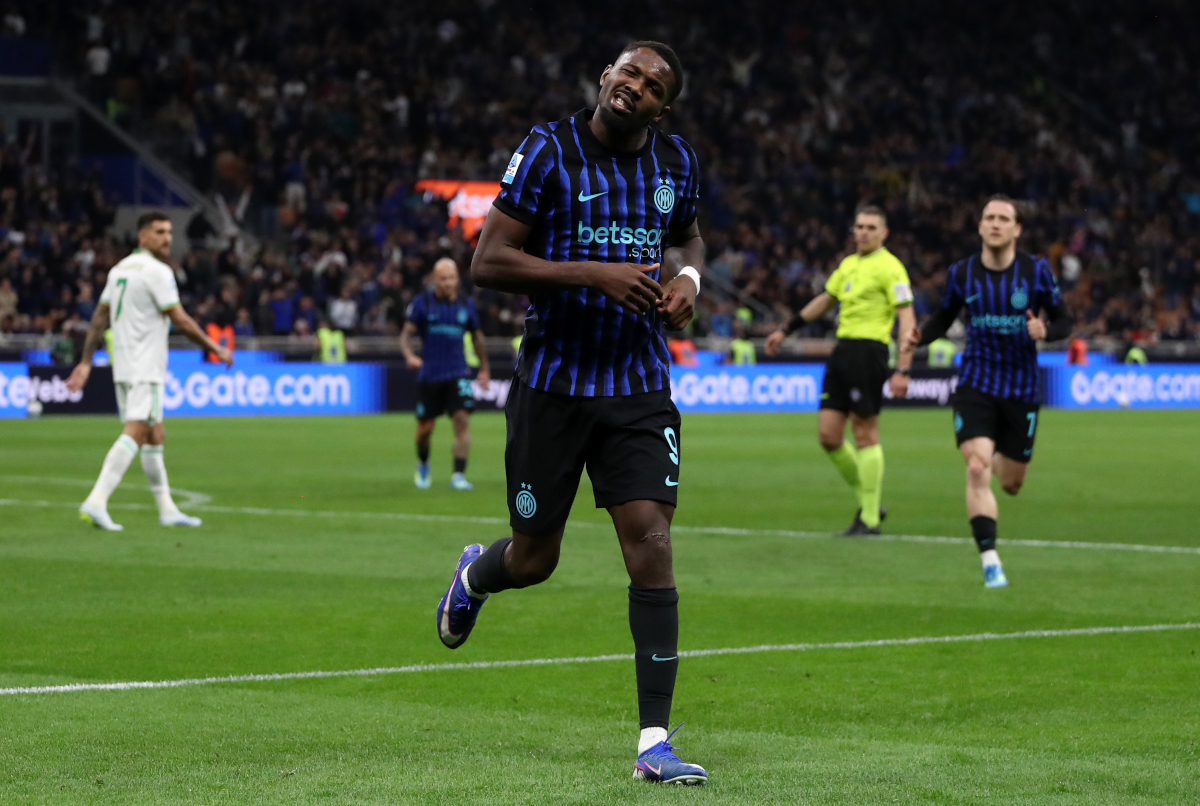 MILAN, ITALY - APRIL 05: Marcus Thuram of FC Internazionale Milano celebrates scoring his team's fourth goal during the Serie A match between FC Internazionale and AS Roma at Giuseppe Meazza Stadium on April 05, 2026 in Milan, Italy. (Photo by Marco Luzzani/Getty Images)